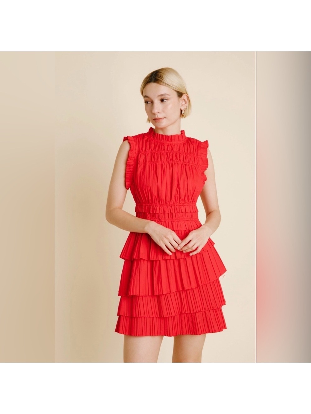 NWT AUREUM Tiered Ruffle Poppy Red Cotton Mini Dress Women’s Small